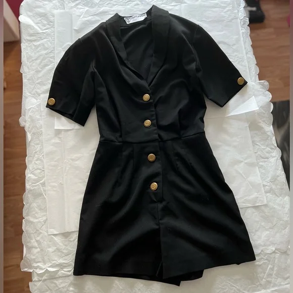 VTG MINT 90s tailored black romper suit gold buttons collar shoulder pads custom